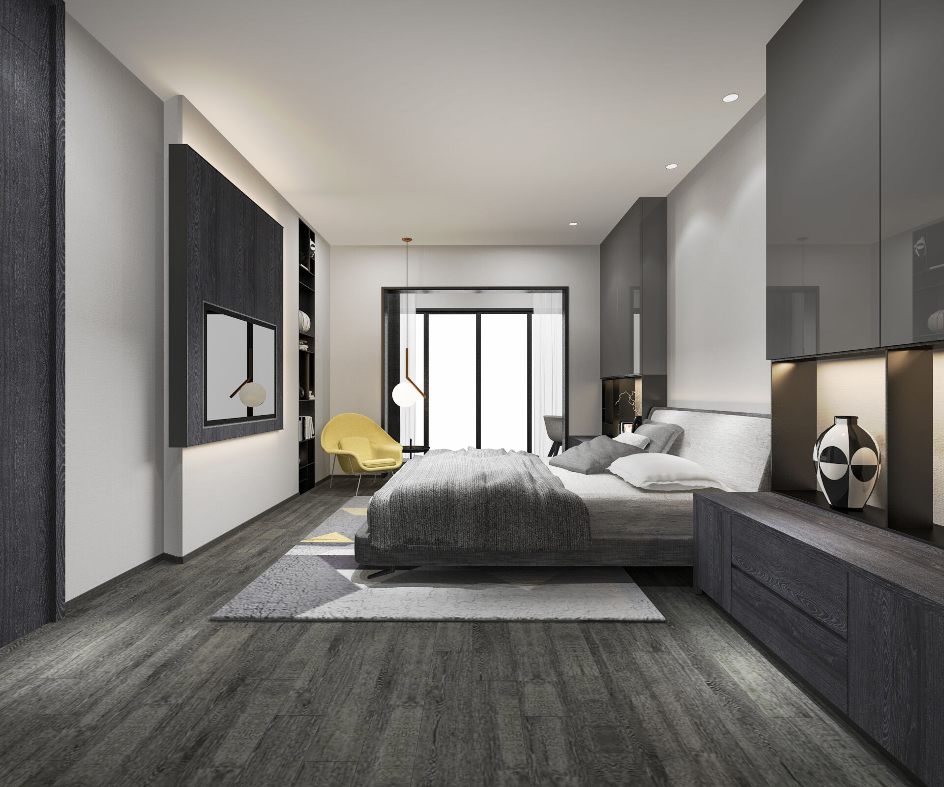 Bedroom with dark grey vinyl flooring